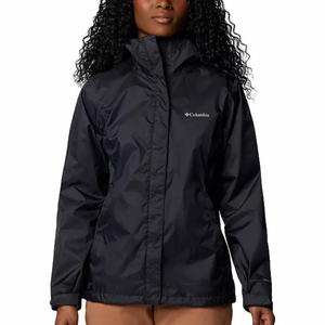 The Columbia Arcadia II Jacket is a waterproof, breathable rain jacket with adjustable features. It's black with a high collar and the Columbia logo on the chest, designed for outdoor activities.