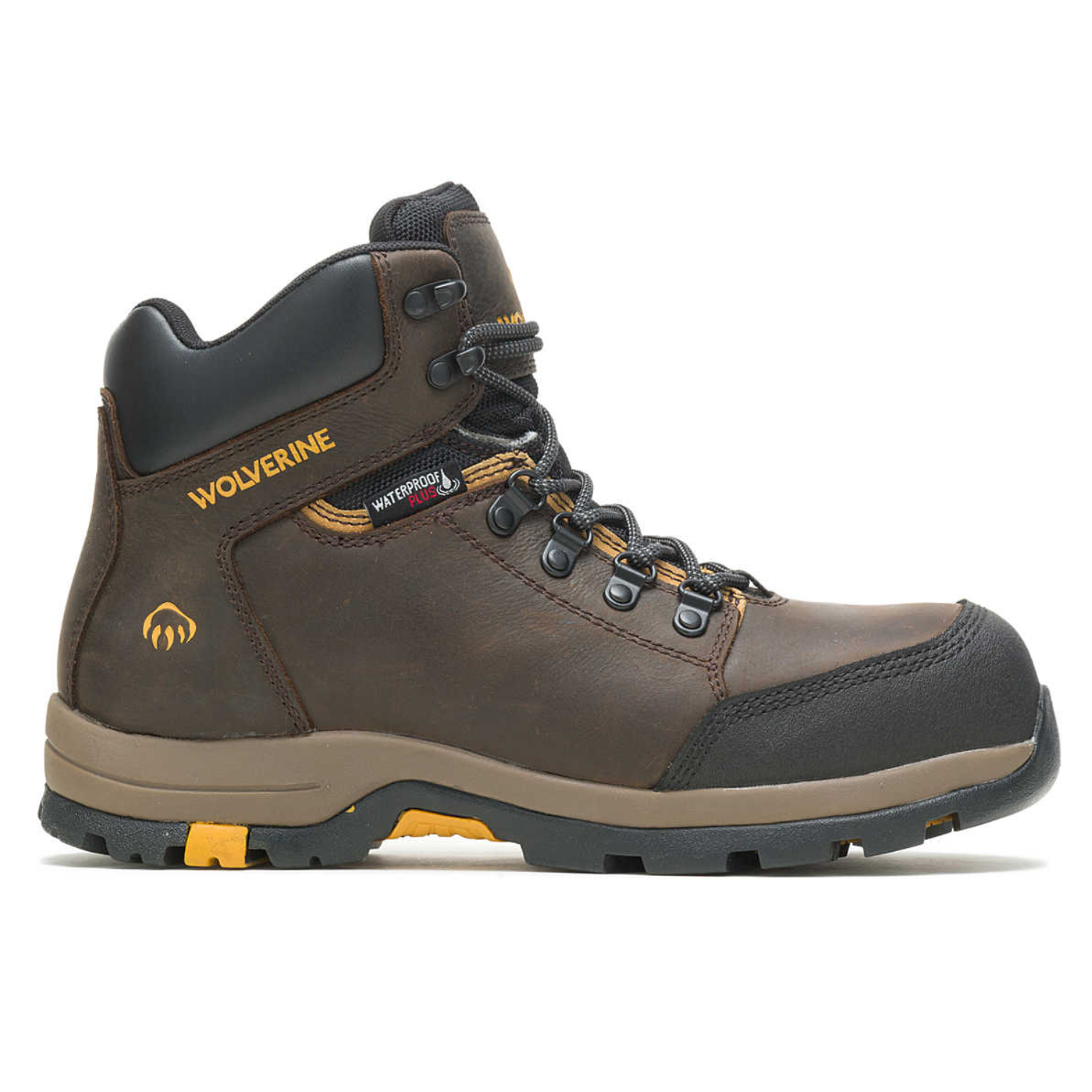 Wolverine Work Hikers are brown leather, waterproof boots with a padded collar, reinforced toe, and sturdy laces, designed for durability and strong traction.