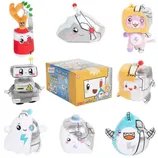 A collection of LankyBox plush toys featuring various cute characters like a robot, cat, rock, and others, along with a mystery plushie box set for ages 3 and up.