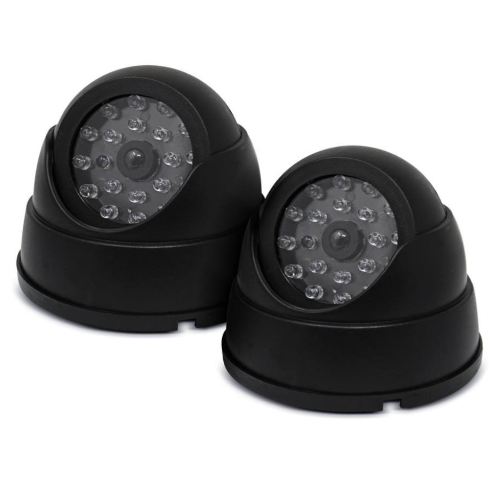 Two black dome security cameras, equipped with visible LED lights, facing slightly to the right.