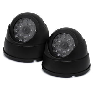 Two black dome security cameras, equipped with visible LED lights, facing slightly to the right.