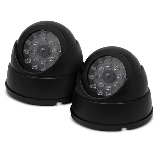 Two black dome security cameras, equipped with visible LED lights, facing slightly to the right.