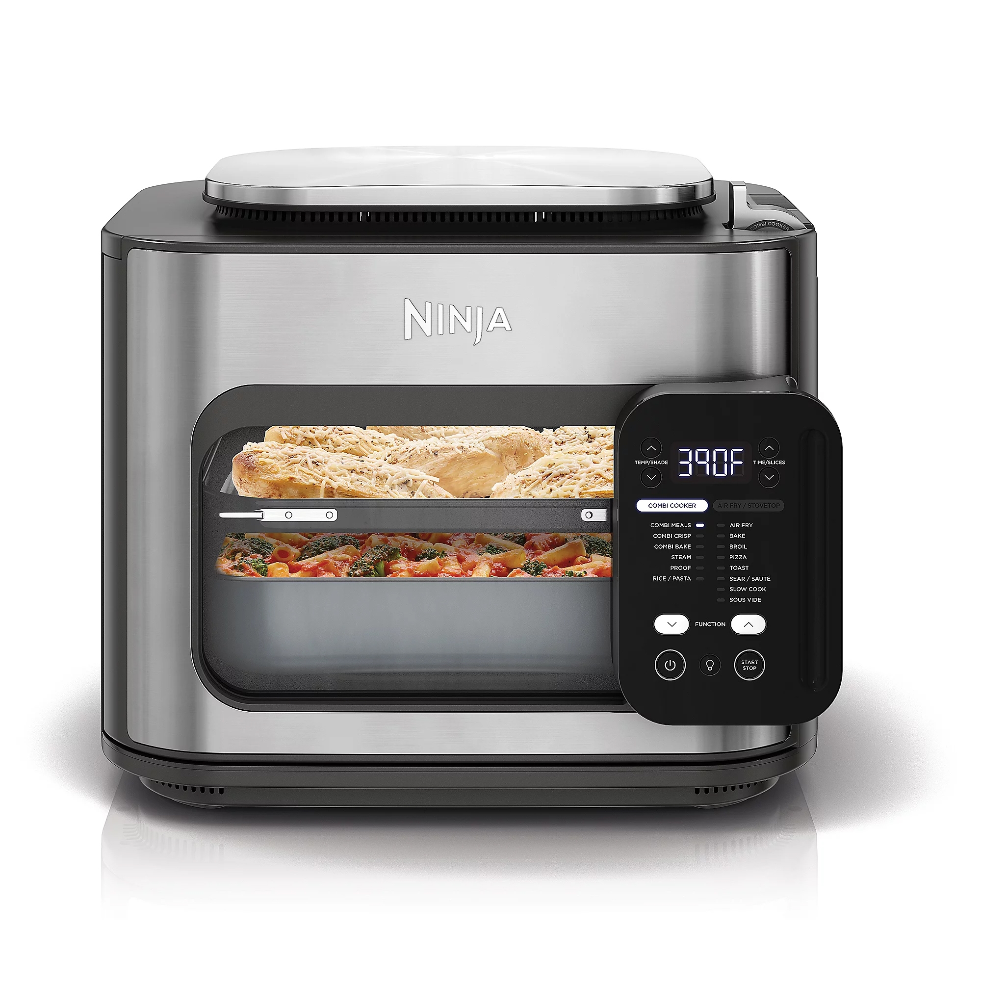 Ninja Foodi countertop oven with dual compartments, digital control panel, and multiple cooking functions like air fry, roast, bake, and dehydrate.