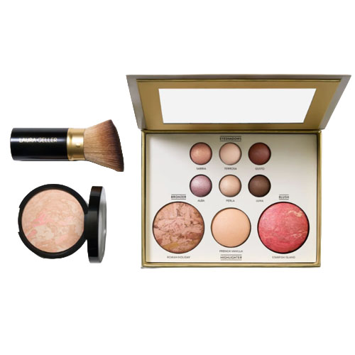 Makeup set featuring a brush, an open palette with eyeshadows and blushes, and a compact with a marbled pink powder.