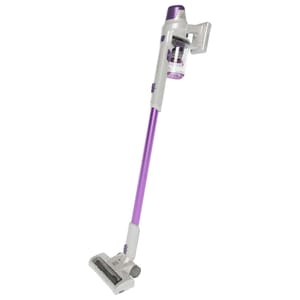 A Kenmore stick vacuum with a purple and white design, featuring a cordless configuration and a transparent dirt canister.