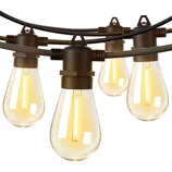 String lights with warm, vintage-style LED bulbs and brown sockets, suitable for decorative indoor or outdoor use.