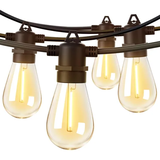 String lights with warm, vintage-style LED bulbs and brown sockets, suitable for decorative indoor or outdoor use.