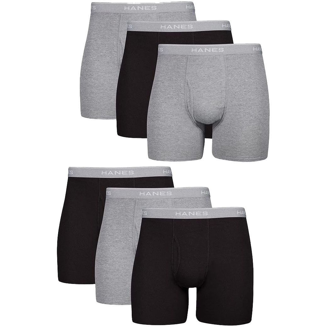 Package of Hanes men's boxer briefs in black and gray with the brand name on the waistband.