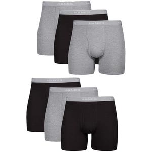 Package of Hanes men's boxer briefs in black and gray with the brand name on the waistband.