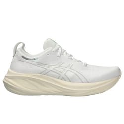 White Asics Men's GEL-Nimbus 26 shoe featuring a thick, cushioned sole with a sleek, streamlined design and subtle branding on the side.