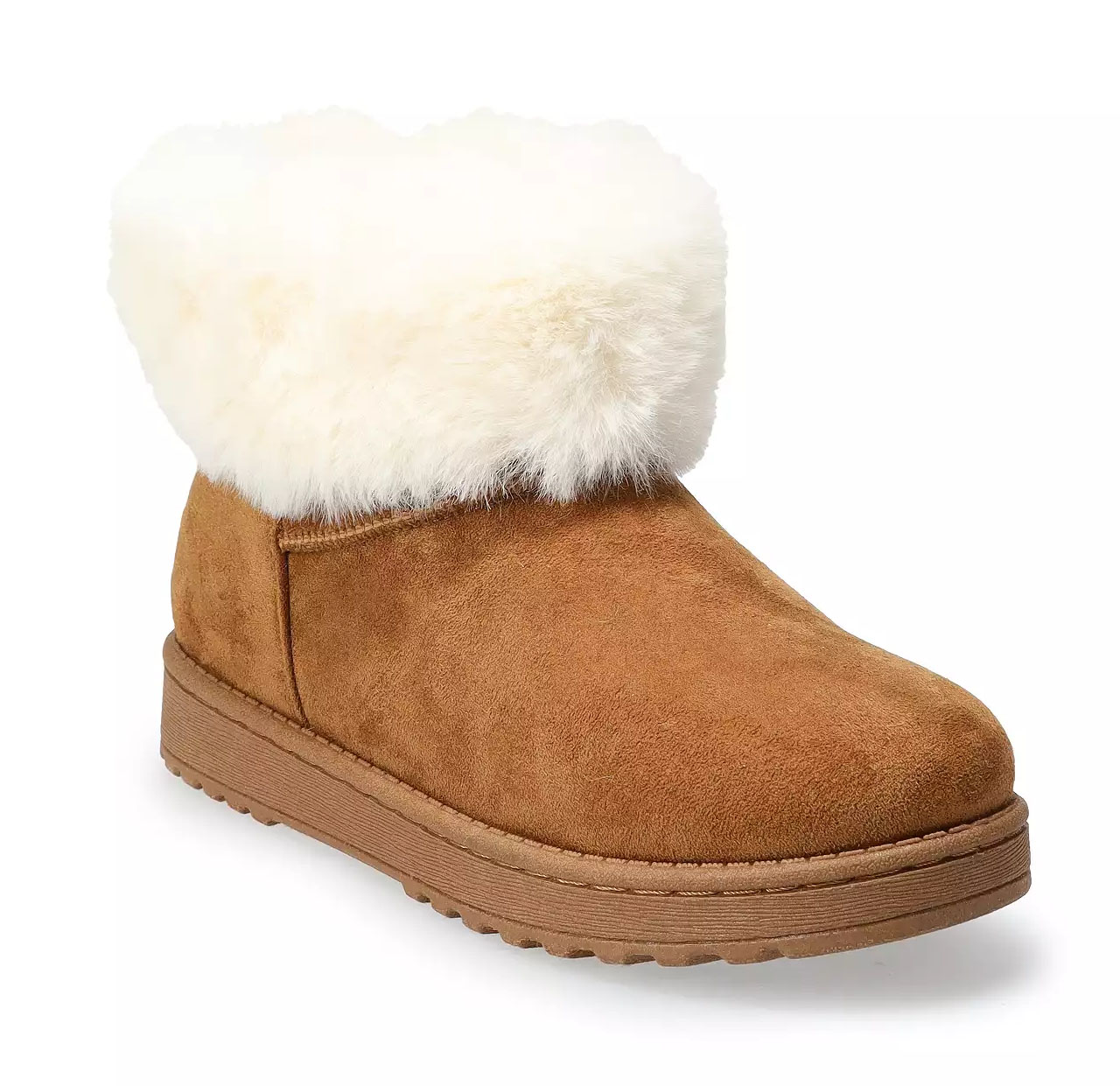 Brown ankle-high boots with a plush, white fur cuff and a sturdy, flat rubber sole.
