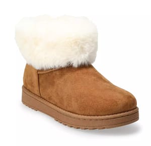 Brown ankle-high boots with a plush, white fur cuff and a sturdy, flat rubber sole.