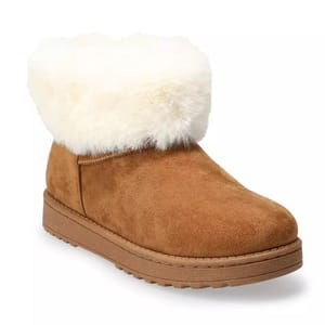 Brown ankle-high boots with a plush, white fur cuff and a sturdy, flat rubber sole.