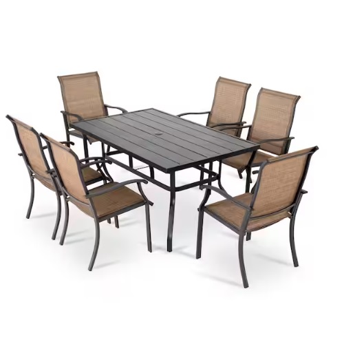 Outdoor dining set featuring a rectangular table with a dark slatted top and six brown mesh chairs with armrests.