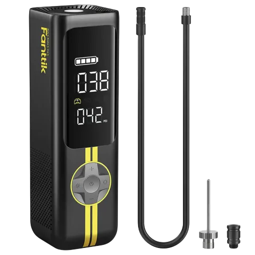 Portable tire inflator with digital display, control buttons, and accompanying accessories including a hose and various nozzles.