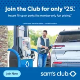 Sam's Club membership offer for $25 includes benefits like member-only fuel pricing, shown with a man refueling a vehicle at a gas station.