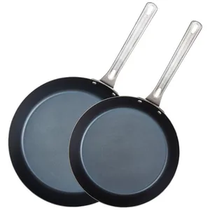 Two non-stick frying pans with metal handles are shown overlapping.