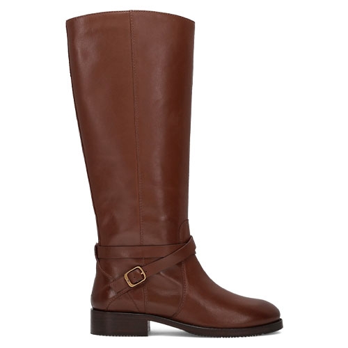 Brown knee-high leather boot with a low heel and a decorative strap with a buckle around the ankle.