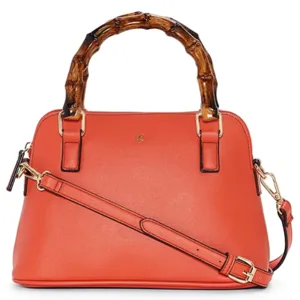 A vibrant orange handbag featuring a bamboo-style handle and an adjustable strap.