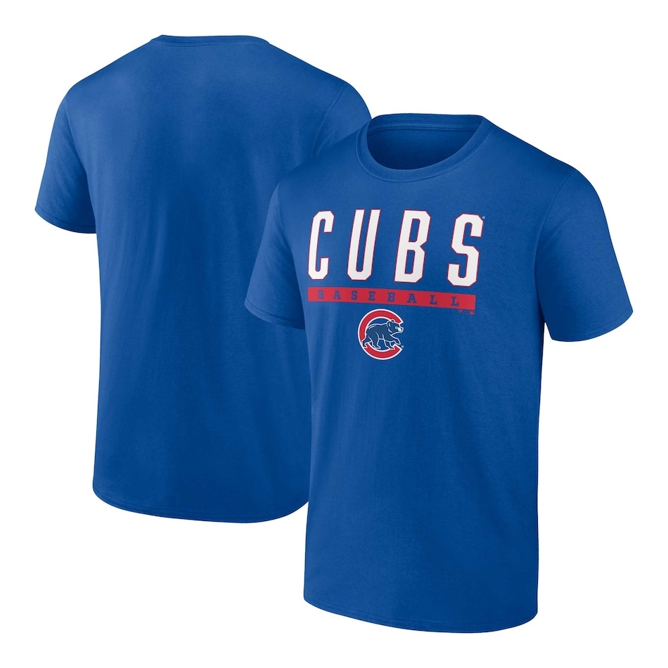 Blue Chicago Cubs t-shirt with \“CUBS BASEBALL\“ text and team logo on the front, featuring a classic crew neck and short sleeves.