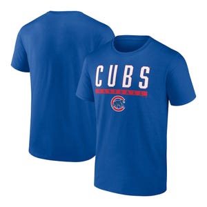 Blue Chicago Cubs t-shirt with \“CUBS BASEBALL\“ text and team logo on the front, featuring a classic crew neck and short sleeves.