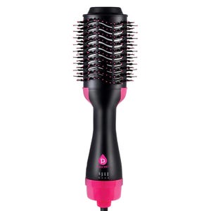 A black and pink hot air brush with a rounded barrel and bristles, featuring control settings for different heat levels.