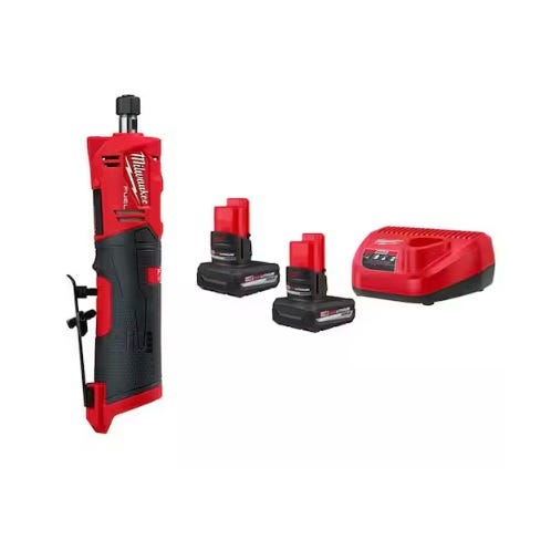 Cordless rotary tool kit with a red and black rotary tool, two rechargeable batteries, and a charger.