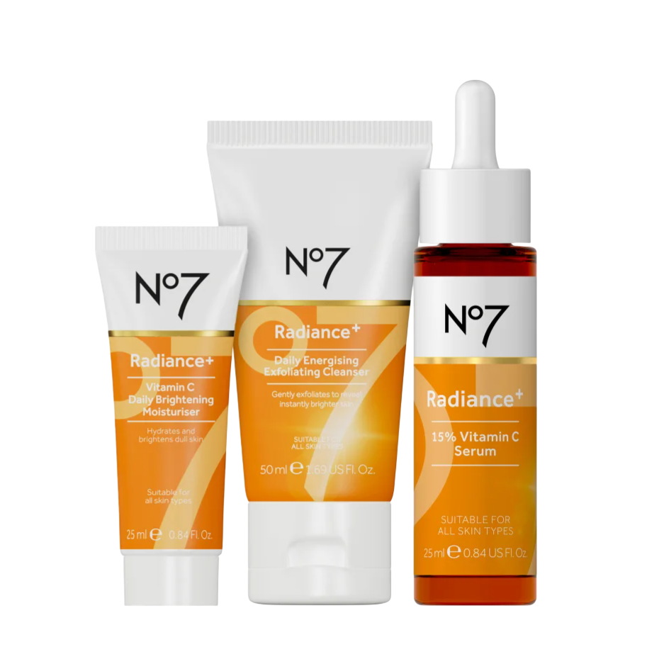No7 Radiance+ skincare set featuring a Vitamin C Daily Brightening Moisturiser (25ml), Daily Energising Exfoliating Cleanser (50ml), and 15% Vitamin C Serum (25ml), designed for hydrating and brightening all skin types.