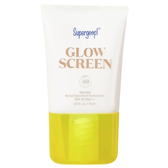 Supergoop! Glowscreen SPF 40 is a sunscreen with a subtle glow, offering broad-spectrum protection. It comes in a 0.5 fl oz (15 ml) tube and is labeled \“Sunrise.\“