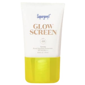 Supergoop! Glowscreen SPF 40 is a sunscreen with a subtle glow, offering broad-spectrum protection. It comes in a 0.5 fl oz (15 ml) tube and is labeled \“Sunrise.\“