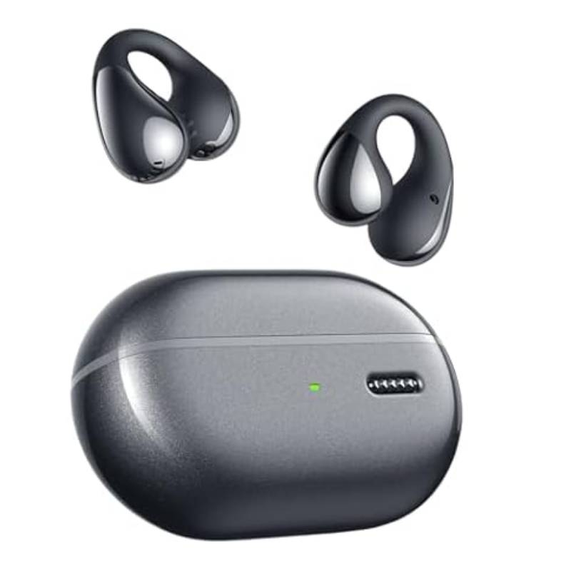 Wireless earbuds with a teardrop design and a rounded charging case featuring an LED indicator.