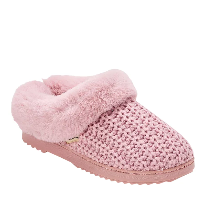 Pink slipper with a knit texture and fluffy faux fur collar, featuring a rubber sole.