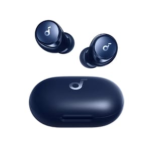 True wireless earbuds in navy blue with a matching charging case, featuring a sleek design and prominent logo on both the earbuds and case.