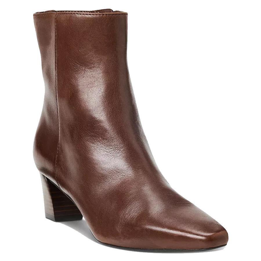 Ralph Lauren Square-Toe Dress Booties feature a sleek brown leather design with a squared toe and a modest block heel, offering a sophisticated and polished look.