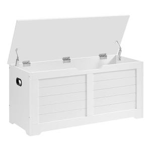 A white wooden storage chest with an open hinged lid and side handles.