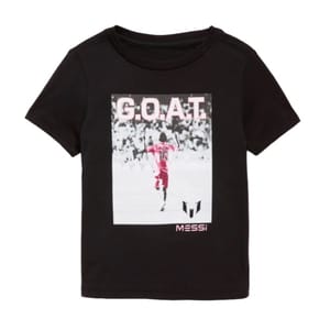 Black T-shirt featuring a soccer player with the number 10, the word \“G.O.A.T.\“ in large letters above, and \“Messi\“ below, along with a logo.