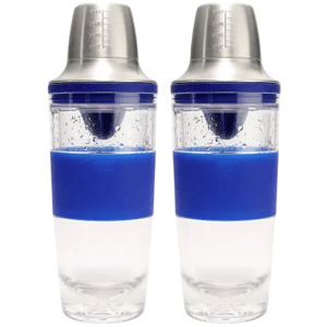 Two cocktail shakers with stainless steel tops and blue silicone grips, featuring measurement markings on the lids.