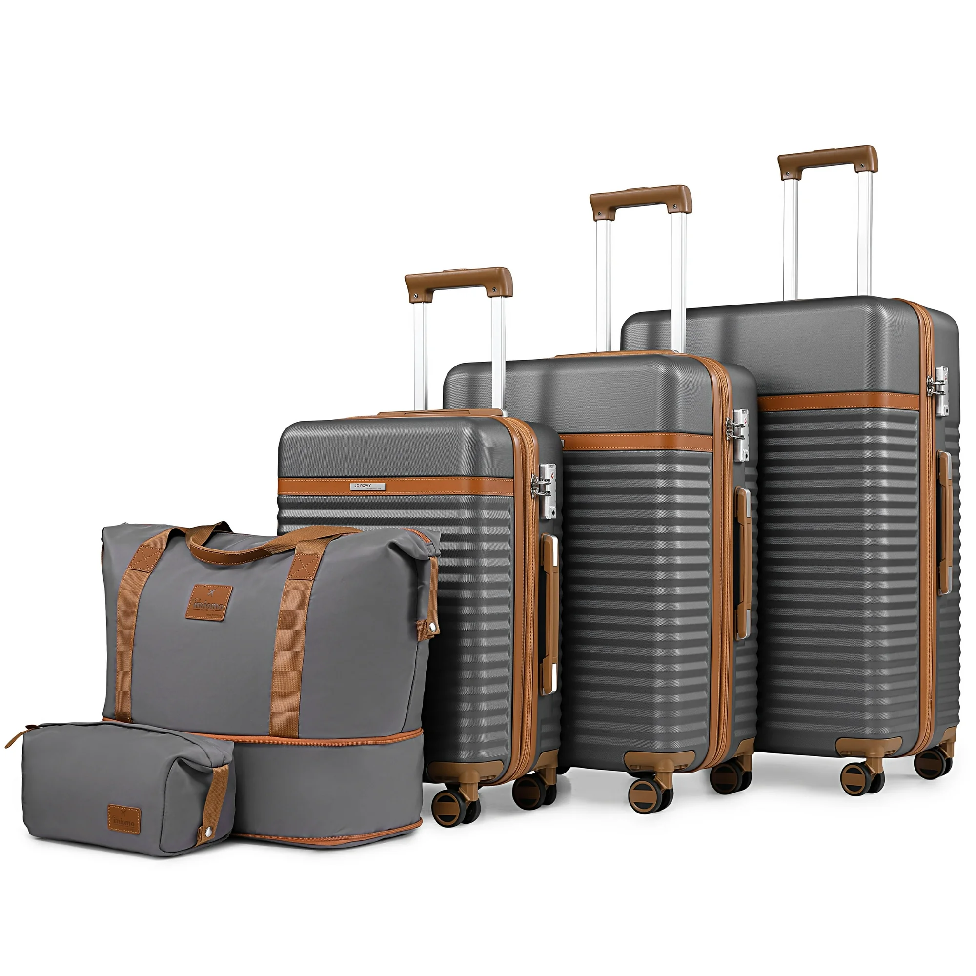 Three gray hardshell suitcases with brown trim and telescoping handles, along with two coordinating gray and brown soft bags.
