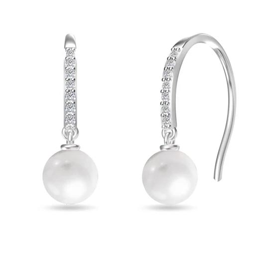 Dangling earrings feature a round pearl with a sleek hook design, adorned with a row of small sparkling crystals.