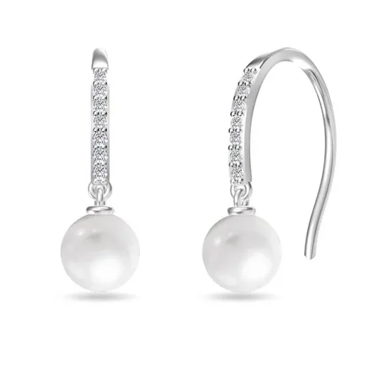 Dangling earrings feature a round pearl with a sleek hook design, adorned with a row of small sparkling crystals.