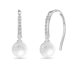 Dangling earrings feature a round pearl with a sleek hook design, adorned with a row of small sparkling crystals.