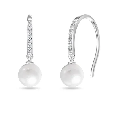 Dangling earrings feature a round pearl with a sleek hook design, adorned with a row of small sparkling crystals.