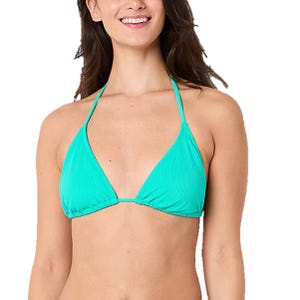 A woman wears a teal triangle bikini top with halter neck ties and a front closure.