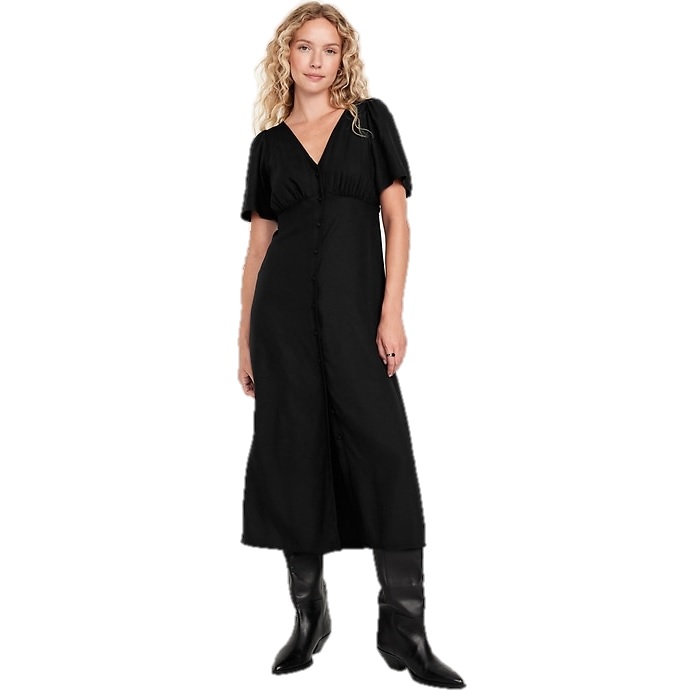 A woman is wearing a black, button-down midi dress with short sleeves and black knee-high boots.