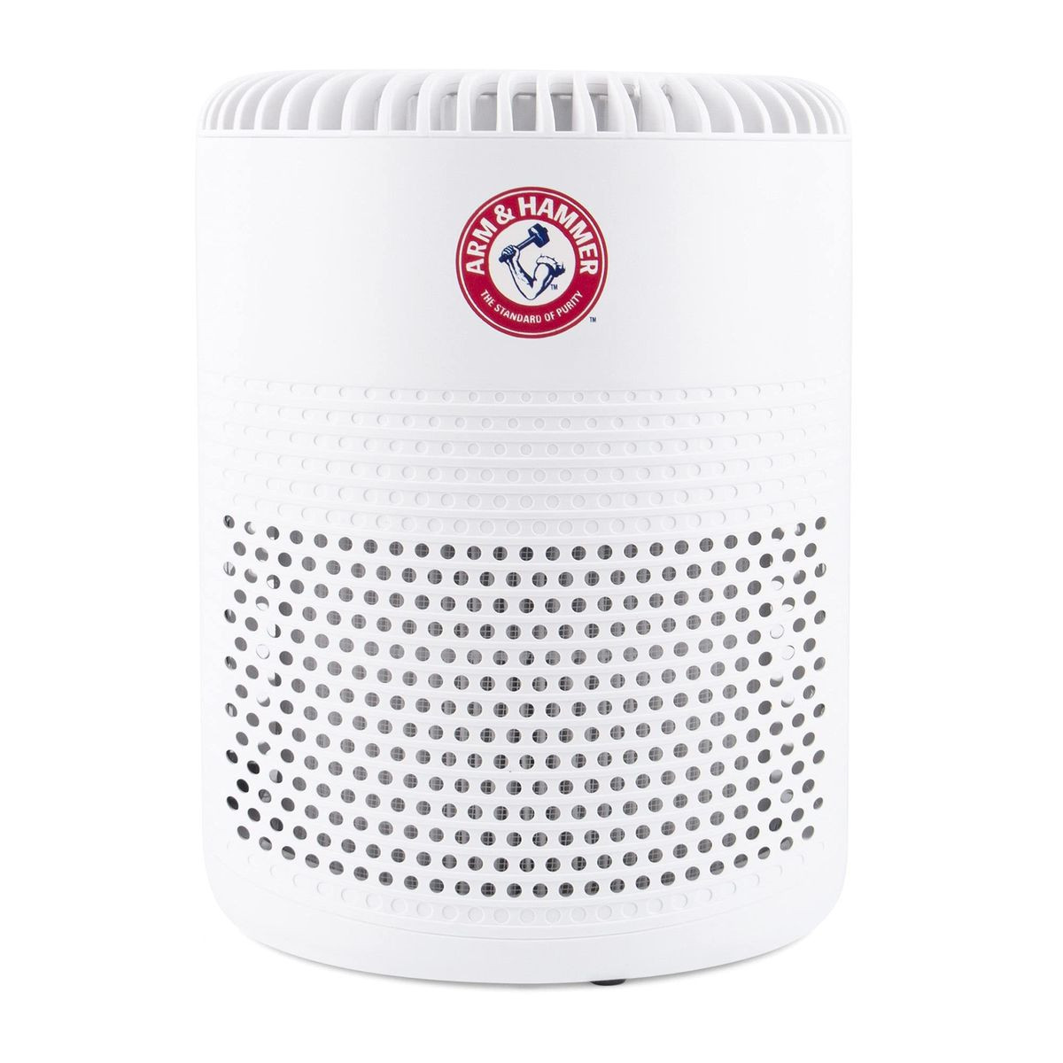A white Arm & Hammer air purifier featuring a perforated casing and the brand's logo on the front.