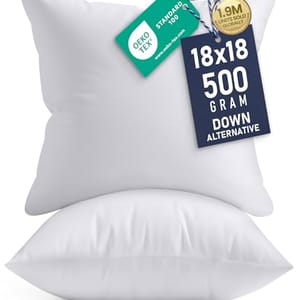 Square cushion, 18x18 inches, 500 grams, down alternative, certified by OEKO-TEX Standard 100, with 1.9 million units sold globally.