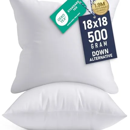 Square cushion, 18x18 inches, 500 grams, down alternative, certified by OEKO-TEX Standard 100, with 1.9 million units sold globally.