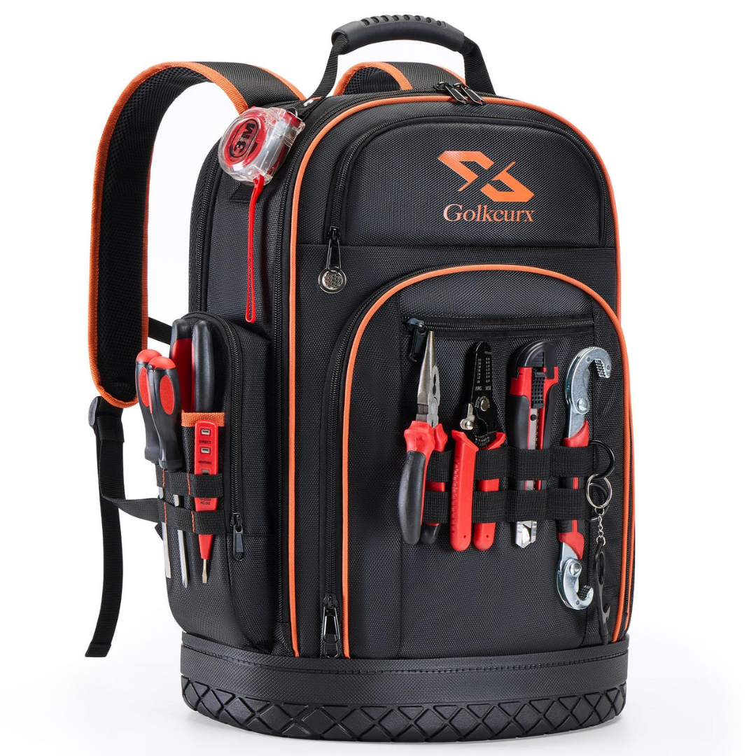 A black and orange tool backpack with multiple compartments, designed to hold various tools such as pliers, screwdrivers, and a tape measure. The exterior features secured slots for easy access to essential tools.