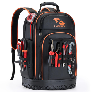 A black and orange tool backpack with multiple compartments, designed to hold various tools such as pliers, screwdrivers, and a tape measure. The exterior features secured slots for easy access to essential tools.