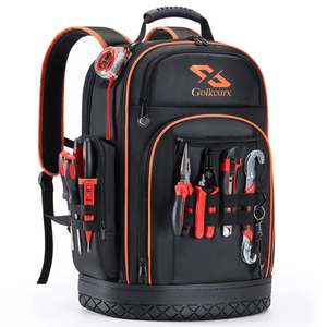 A black and orange tool backpack with multiple compartments, designed to hold various tools such as pliers, screwdrivers, and a tape measure. The exterior features secured slots for easy access to essential tools.